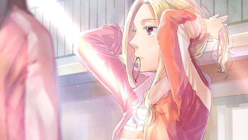 Blonde Anime Girl — Pink, Calm, Morning, Mirror