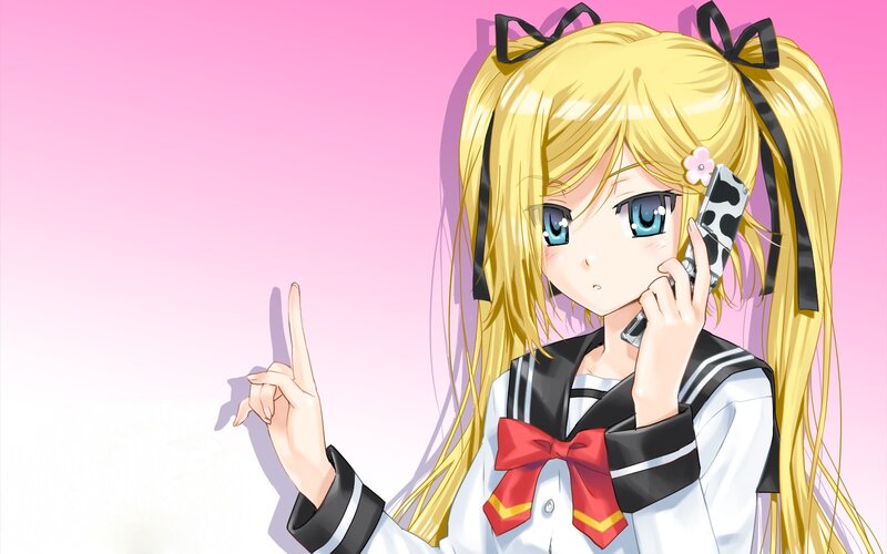 Blonde Anime Girl — Pink, Calm, School Uniform, Cell Phone
