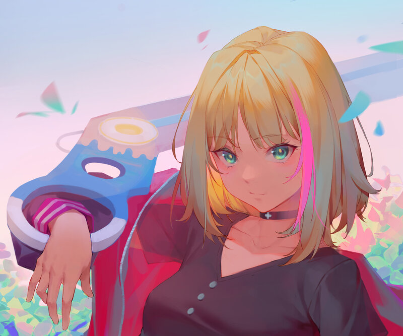 Blonde Anime Girl — Pink, Calm, Sunset, Digital Art