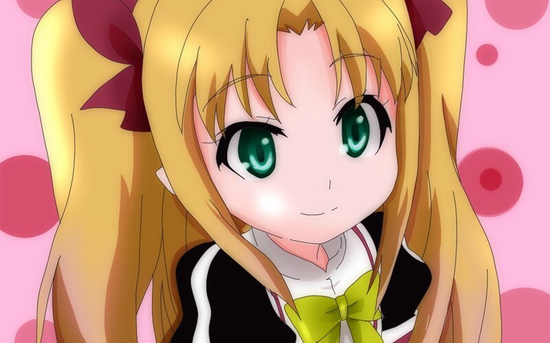 Blonde Anime Girl — Pink, Cheerful, Green Eyes, Yellow Bow