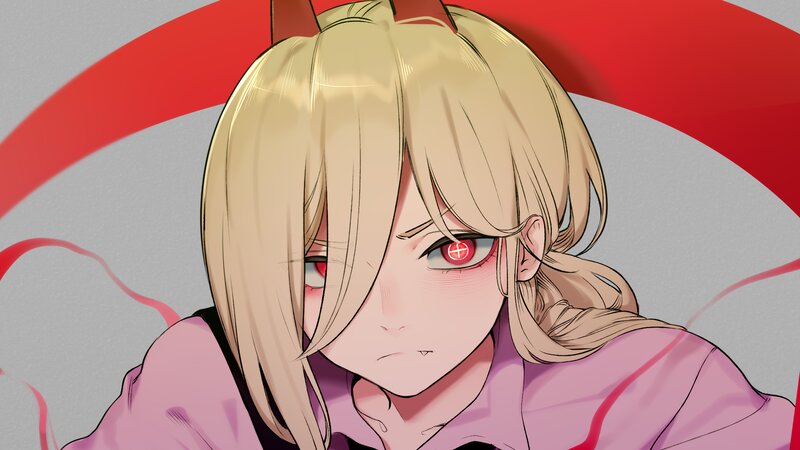 Blonde Anime Girl — Pink, Dramatic, Red Eyes, Pink Shirt