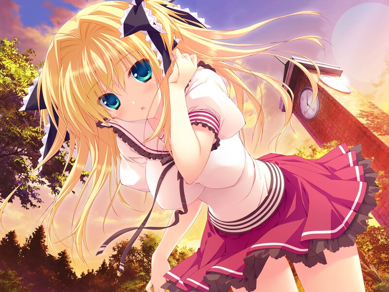 Blonde Anime Girl — Pink, Dramatic, Sunset, Clock Tower, Trees