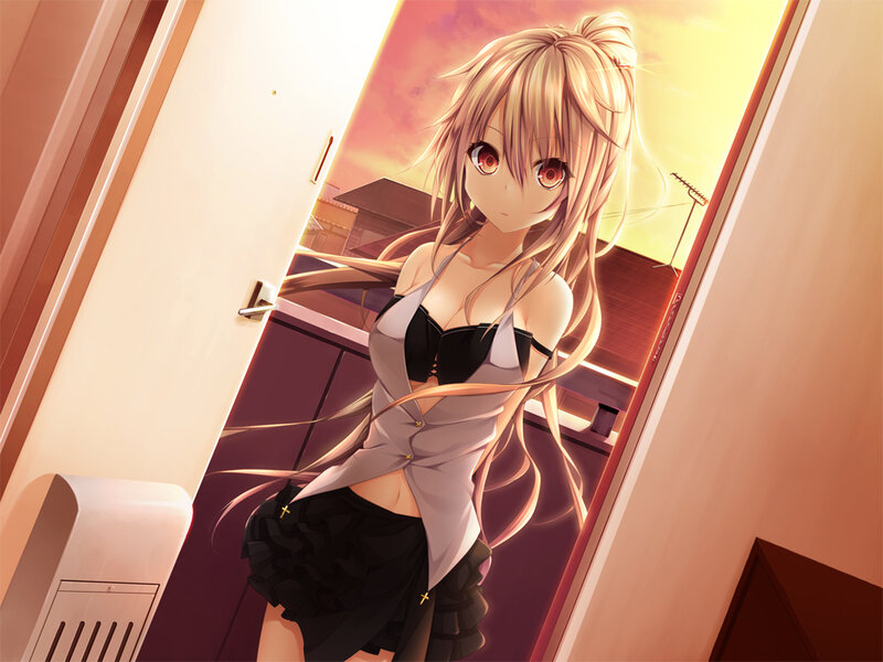 Blonde Anime Girl — Pink, Dramatic, Sunset, Doorway