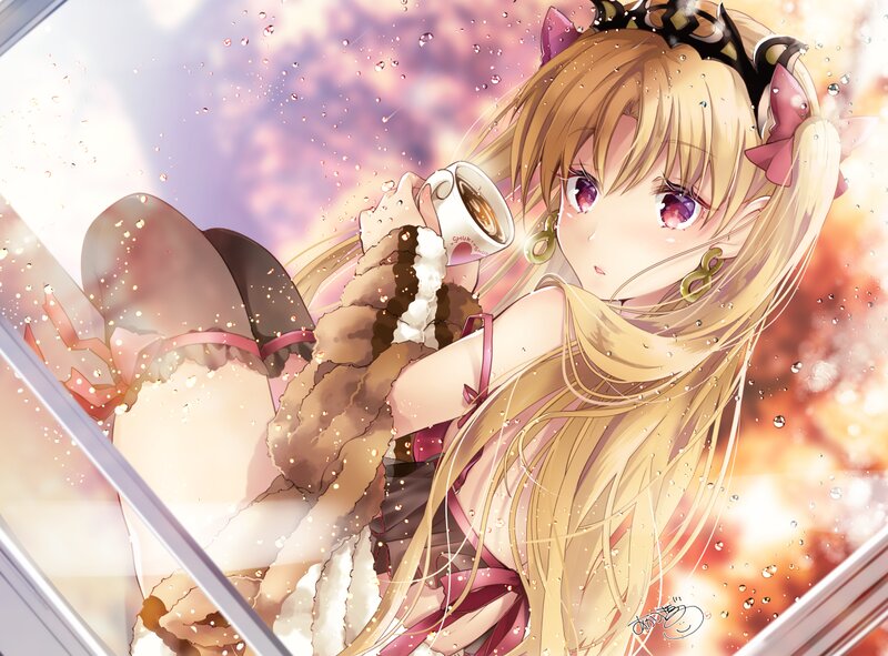 Blonde Anime Girl — Pink, Dreamy, Sunset, Coffee Cup