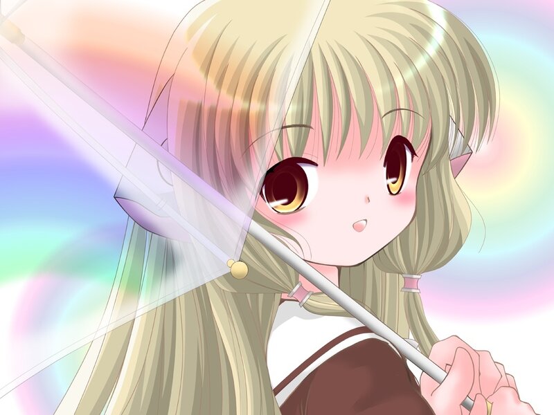 Blonde Anime Girl — Pink, Dreamy, Umbrella