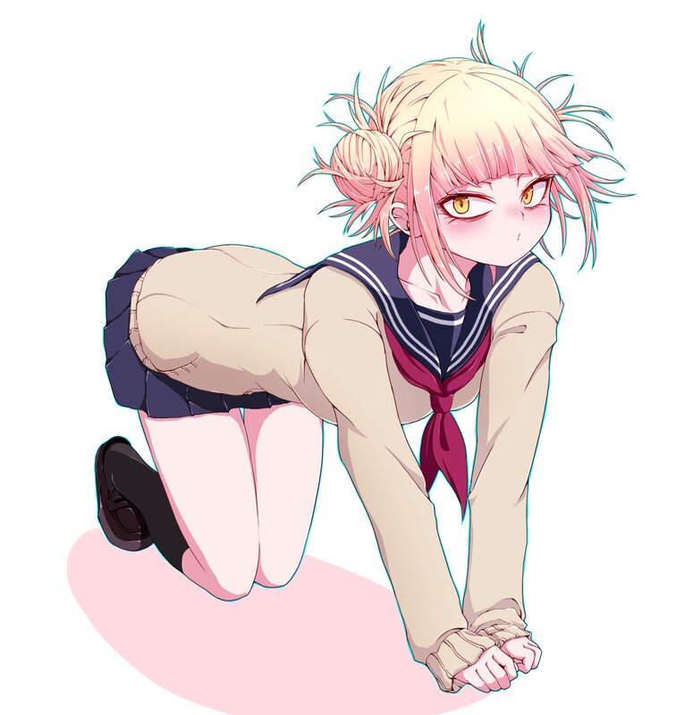 Blonde Anime Girl — Pink, Playful, School Uniform, Kneeling