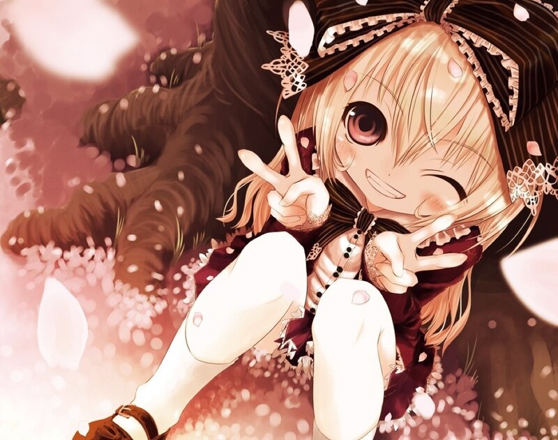 Blonde Anime Girl — Pink, Playful, Spring, Peace Sign