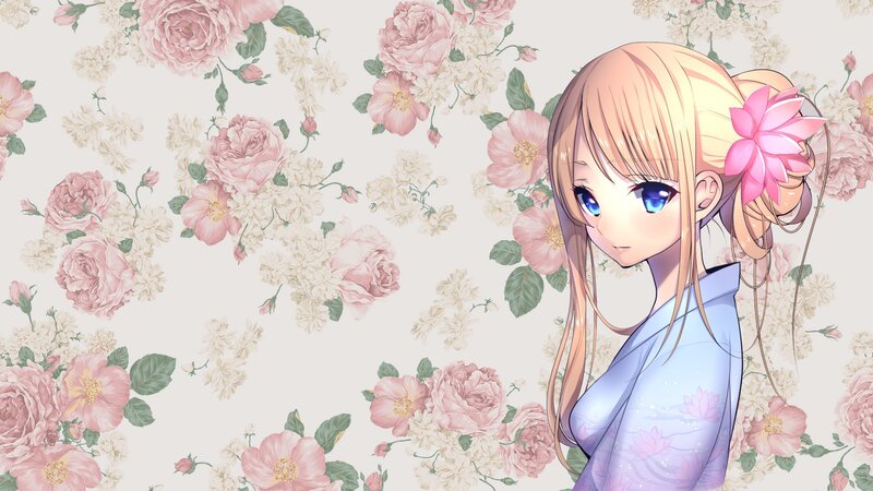 Blonde Anime Girl — Pink, Serene, Flower, Kimono