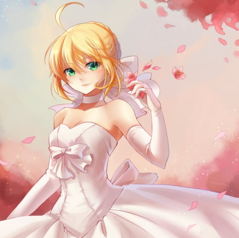 Blonde Anime Girl — Pink, Serene, Spring, Wedding Dress