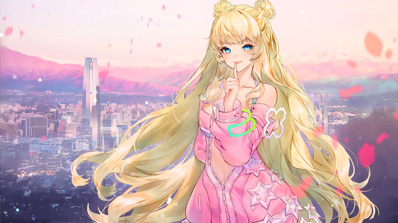 Blonde Anime Girl — Pink, Serene, Sunset, Digital Art