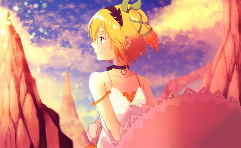 Blonde Anime Girl — Pink, Serene, Sunset, Dress