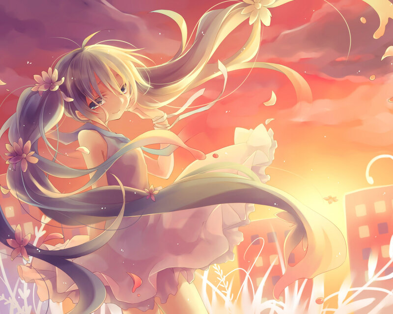 Blonde Anime Girl — Pink, Serene, Sunset, Flowers