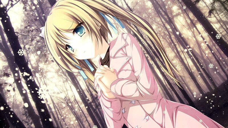 Blonde Anime Girl — Pink, Serene, Winter, Snowflakes