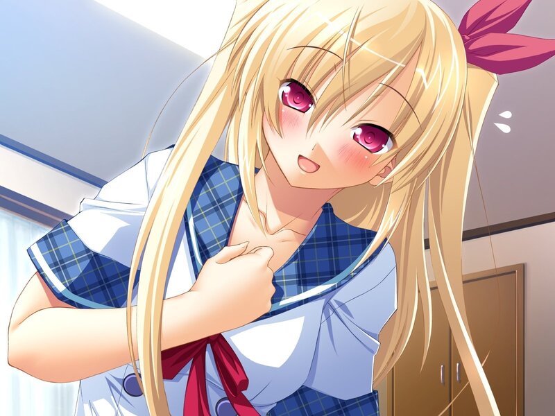 Blonde Anime Girl — Playful, School Uniform, Pink Bow