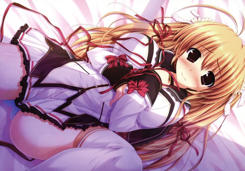 Blonde Anime Girl — Purple, Calm, Dress, Bed