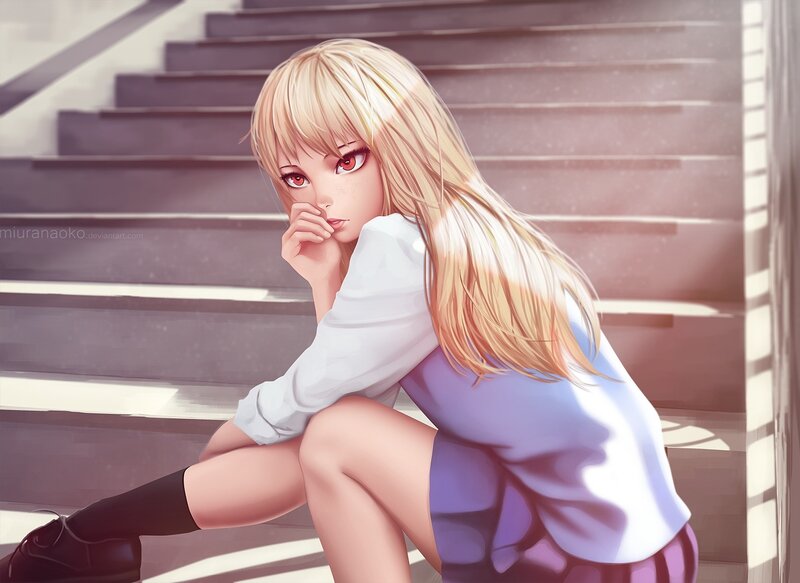 Blonde Anime Girl — Purple, Contemplative