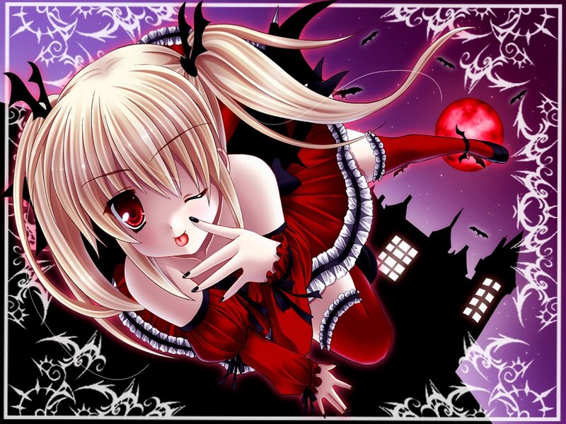 Blonde Anime Girl — Purple, Dramatic, Night, Red Dress