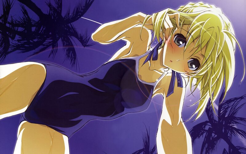 Blonde Anime Girl — Purple, Dramatic, Night, Swimsuit, Palm Trees