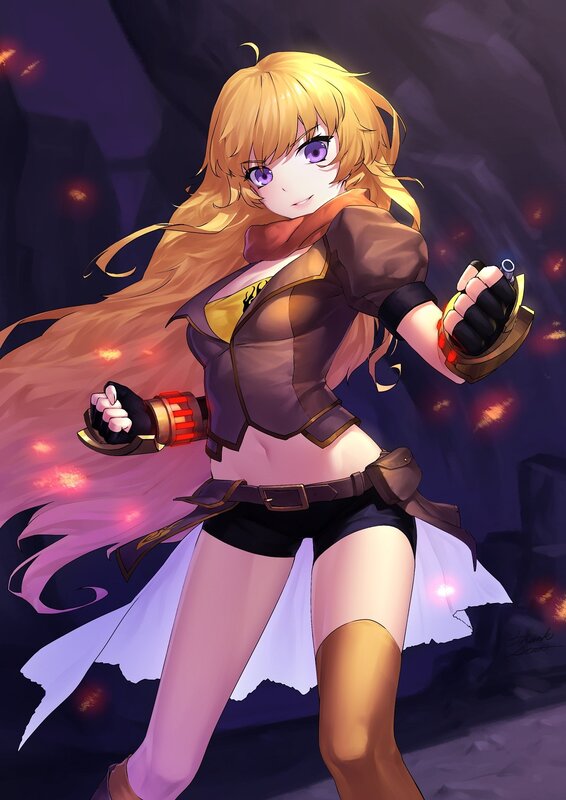 Blonde Anime Girl — Purple, Dramatic, Night, Sword, Cave