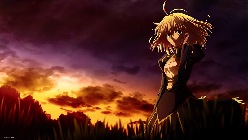 Blonde Anime Girl — Purple, Dramatic, Sunset, Field