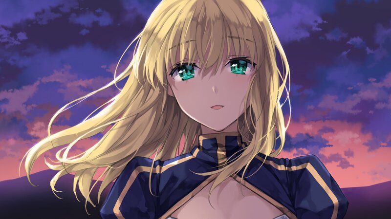 Blonde Anime Girl — Purple, Dramatic, Sunset, Sky
