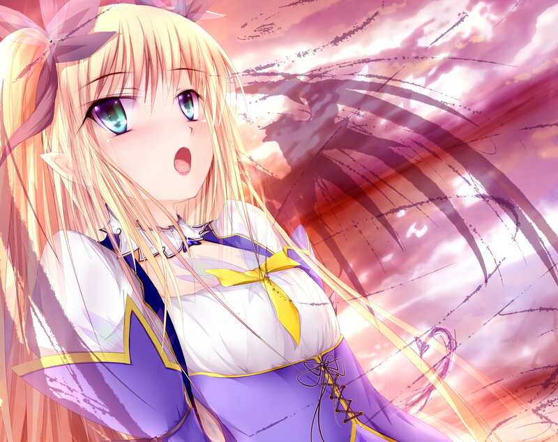 Blonde Anime Girl — Purple, Dramatic, Sunset, Wings