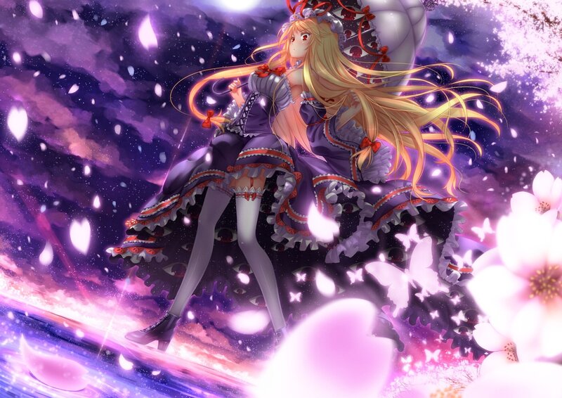 Blonde Anime Girl — Purple, Dreamy, Night, Cherry Blossoms