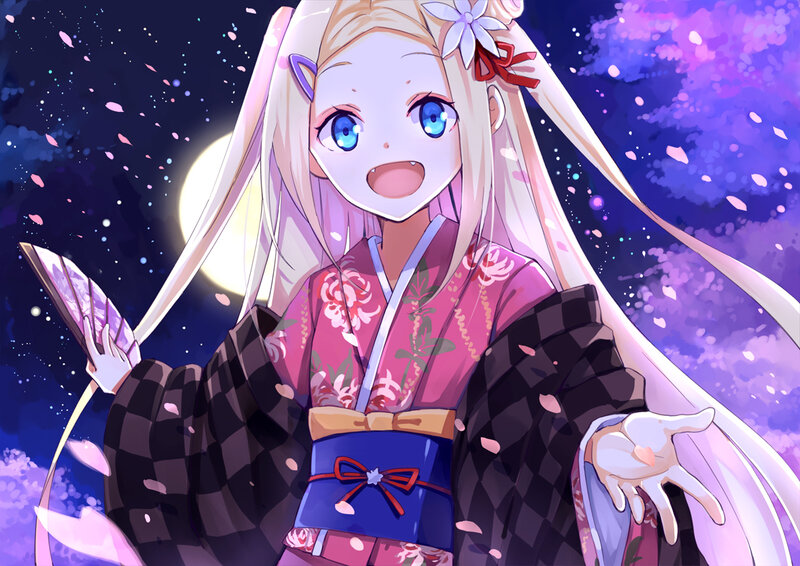 Blonde Anime Girl — Purple, Dreamy, Night, Kimono