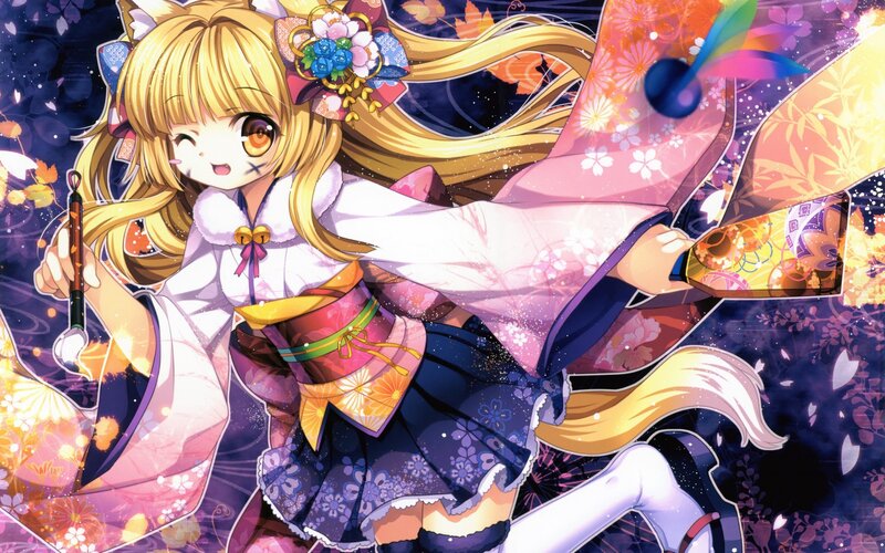 Blonde Anime Girl — Purple, Festive, Night, Kimono