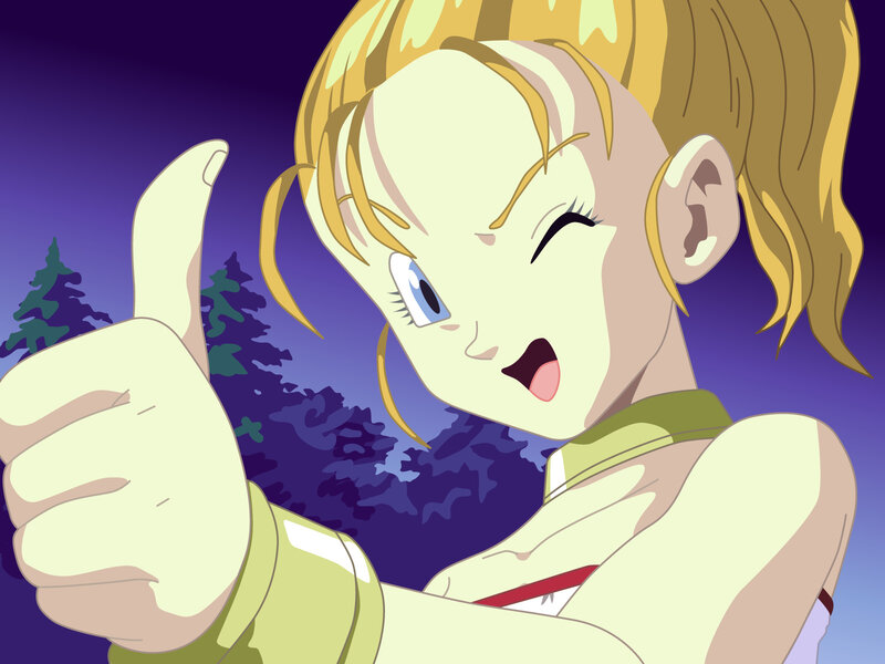 Blonde Anime Girl — Purple, Playful, Night, Thumbs Up