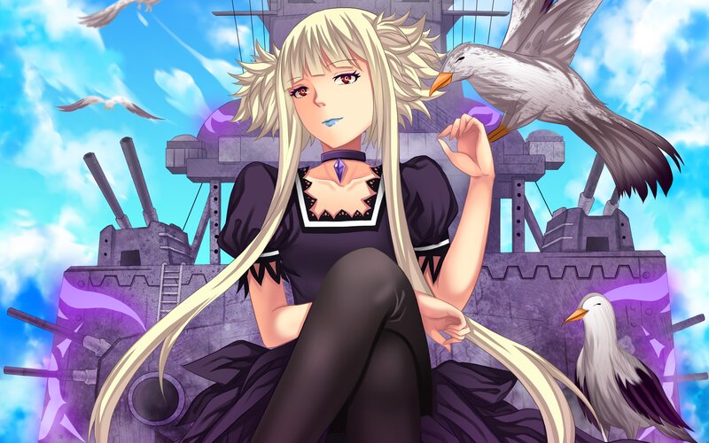 Blonde Anime Girl — Purple, Serene, Afternoon, Seagulls