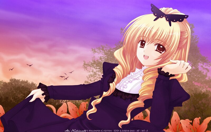 Blonde Anime Girl — Purple, Serene, Sunset, Butterfly Hair Clip