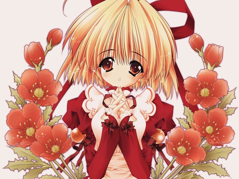 Blonde Anime Girl — Red, Calm, Flowers