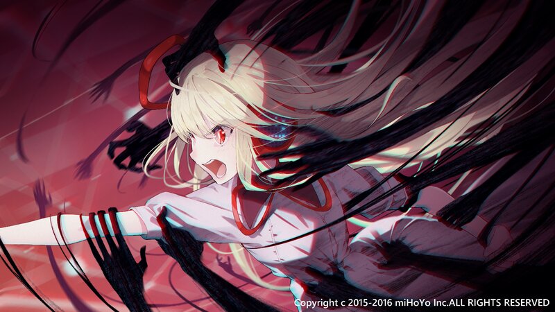 Blonde Anime Girl — Red, Dramatic, Long Hair, Red Eyes