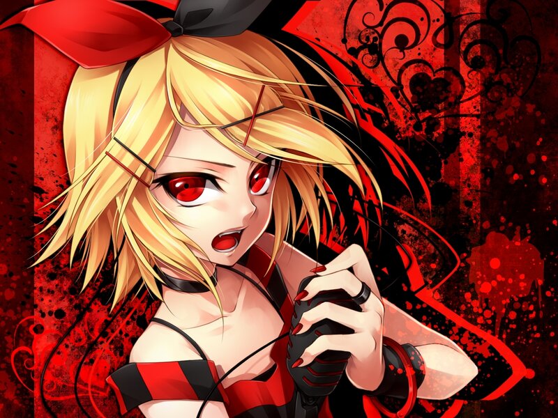 Blonde Anime Girl — Red, Dramatic, Microphone, Red Bow, Red Eyes