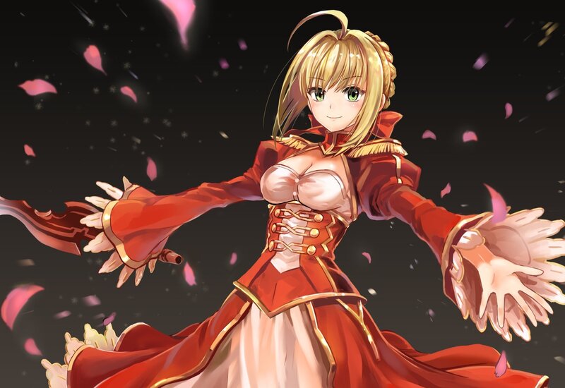 Blonde Anime Girl — Red, Dramatic, Night, Red Dress, Petals