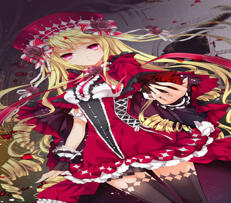 Blonde Anime Girl — Red, Dramatic, Red Dress, Rose Petals