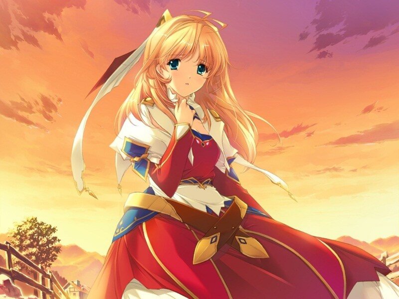 Blonde Anime Girl — Red, Dramatic, Sunset, Sword, Sky