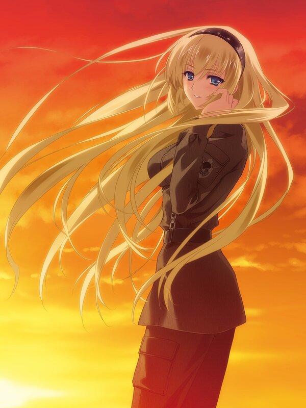 Blonde Anime Girl — Red, Dramatic, Sunset, Uniform