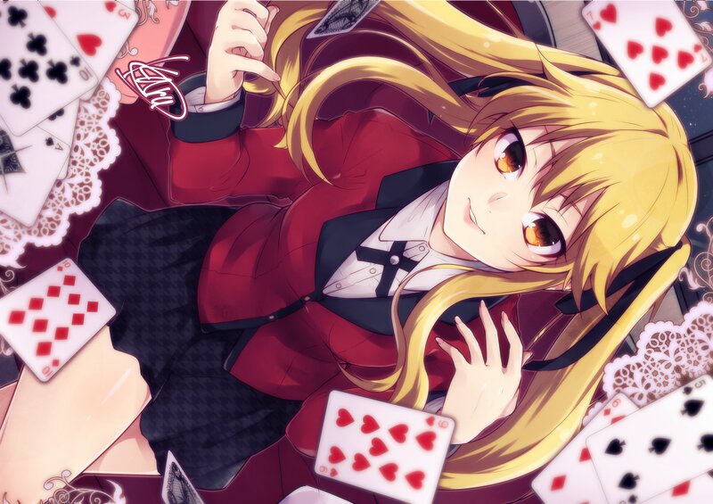 Blonde Anime Girl — Red, Playful, Playing Cards, School Uniform