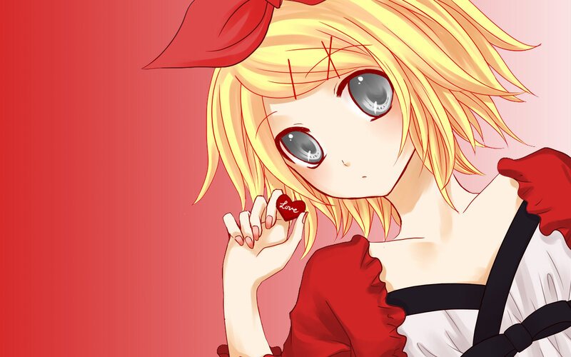 Blonde Anime Girl — Red, Playful, Red Bow, Heart
