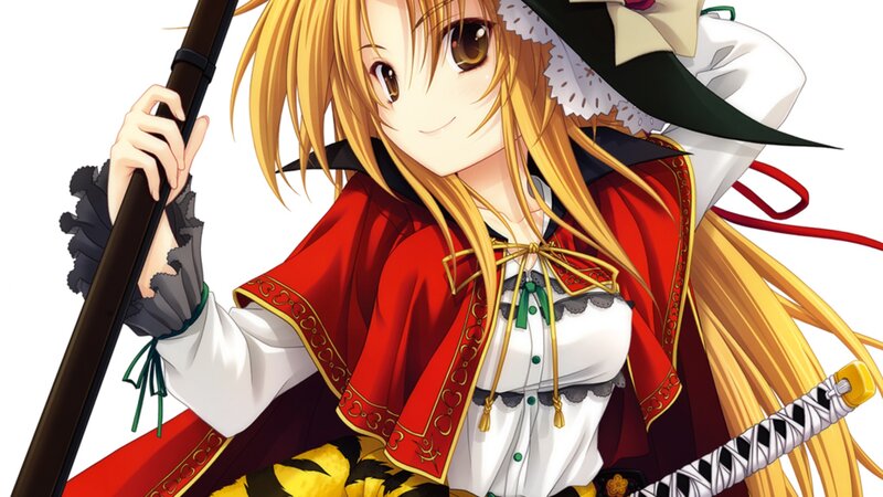 Blonde Anime Girl — Red, Playful, Sword