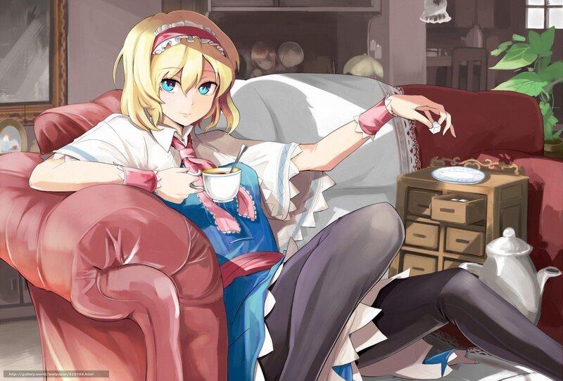 Blonde Anime Girl — Red, Relaxed, Afternoon, Coffee Cup