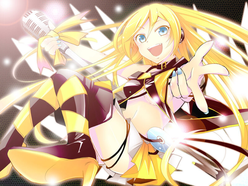 Blonde Anime Girl Singing — Yellow, Energetic, Microphone, Stage Lights