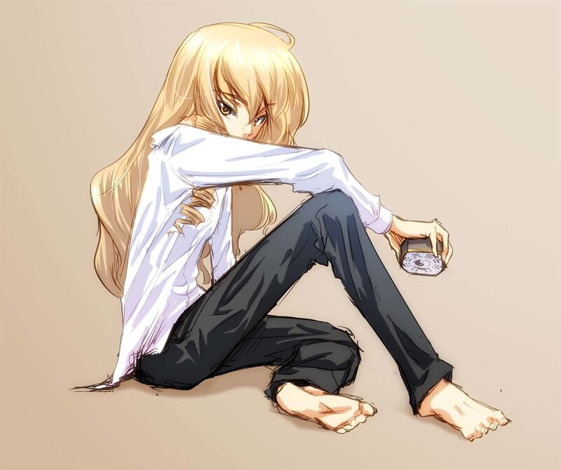 Blonde Anime Girl Sitting — Beige