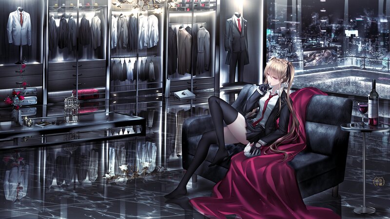 Blonde Anime Girl Sitting — Black, Dramatic