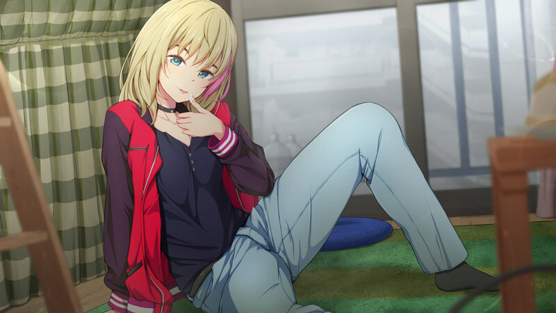 Blonde Anime Girl Sitting — Blue, Calm, Morning