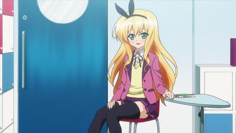 Blonde Anime Girl Sitting — Blue, Calm