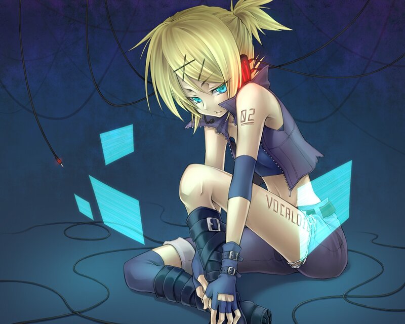 Blonde Anime Girl Sitting — Blue, Dramatic