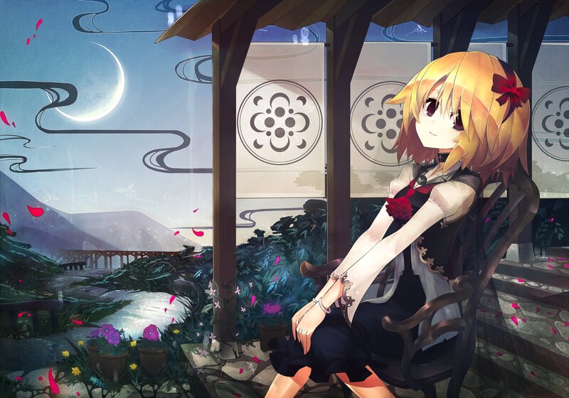 Blonde Anime Girl Sitting — Blue, Serene